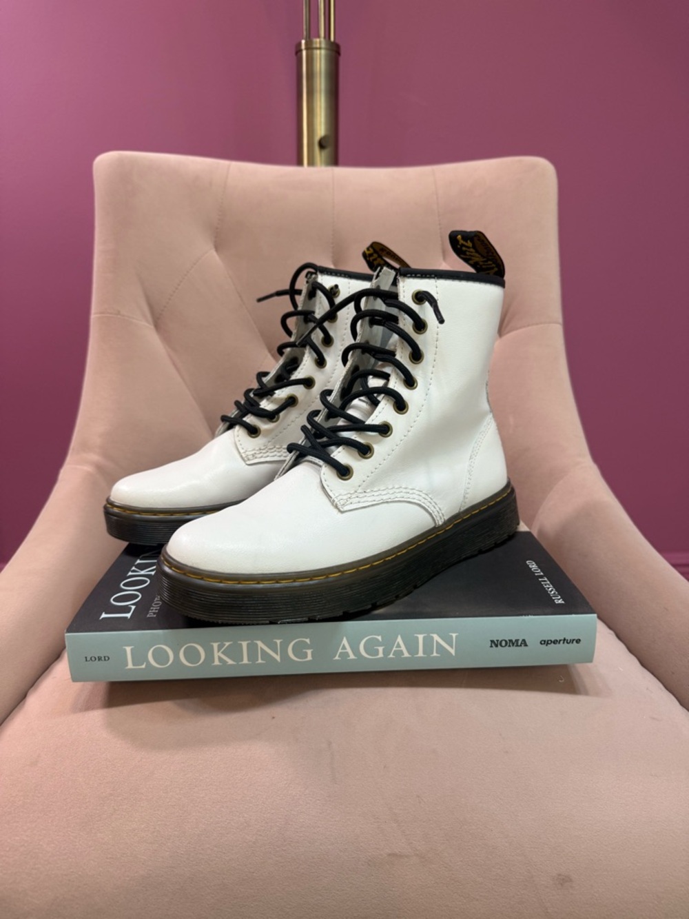 Dr. Martens White Lace-Up Leather Combat Boots with Black Trim